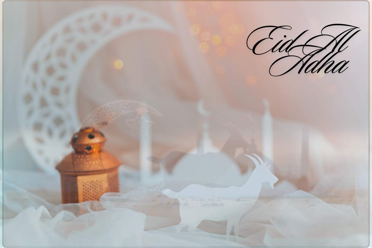 Conceptual image of Eid al-Adha featuring symbolic elements like a mosque and crescent moon.